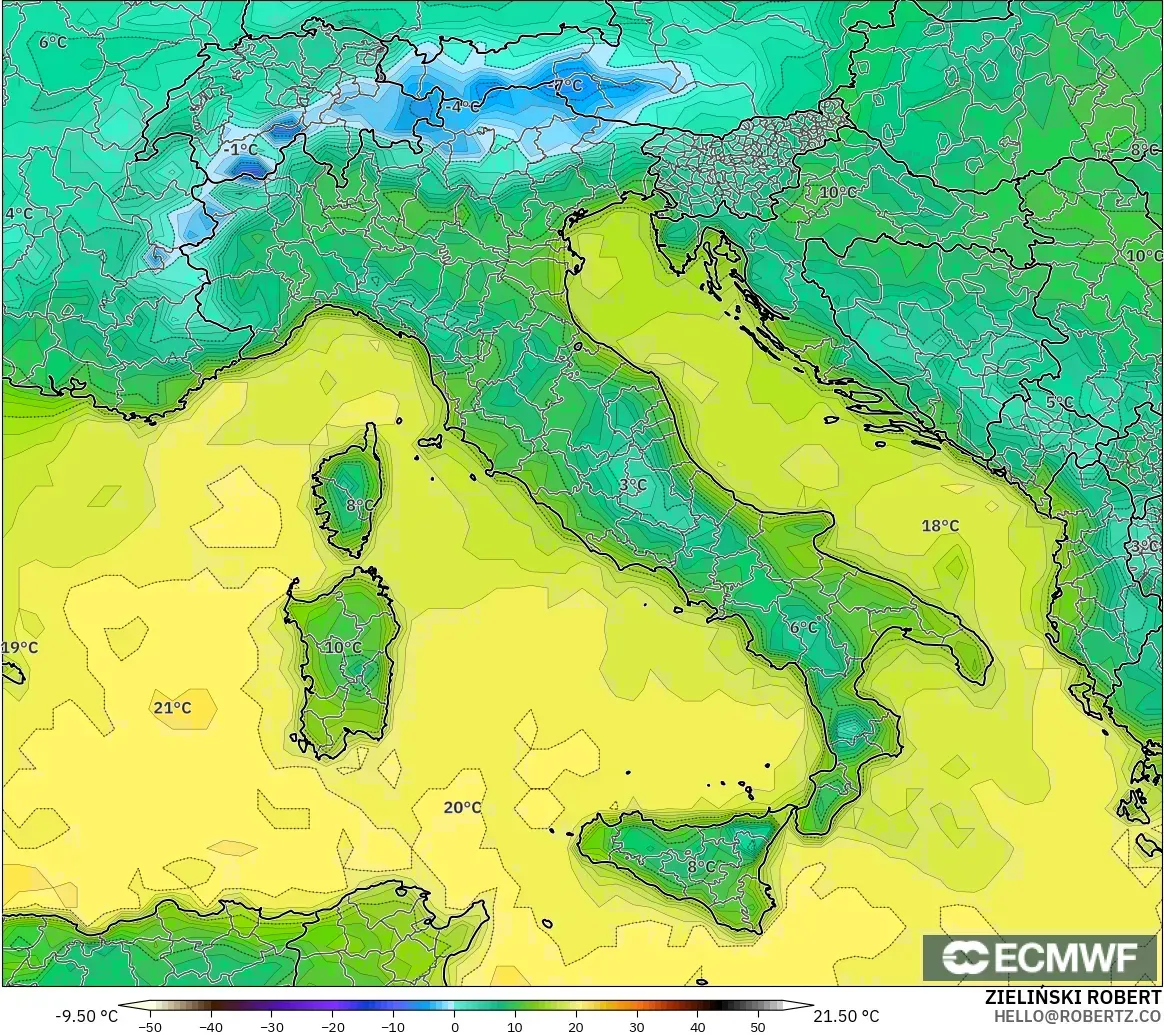 ECMWF IFS 0.25° model - İtalya, 2 m Sıcaklık