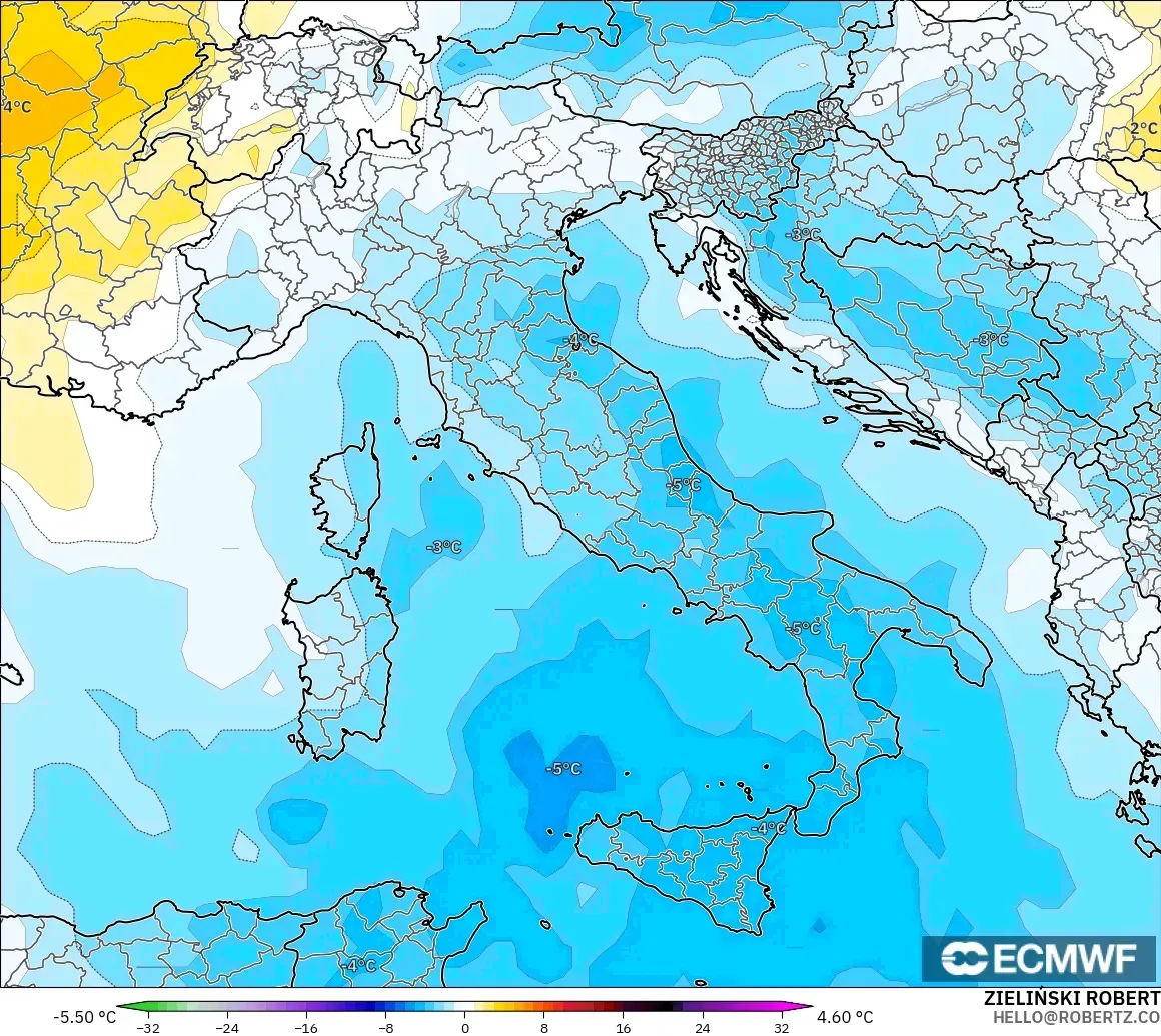 ECMWF IFS 0.25° model - İtalya, 850 hPa Sıcaklık Anomalisi