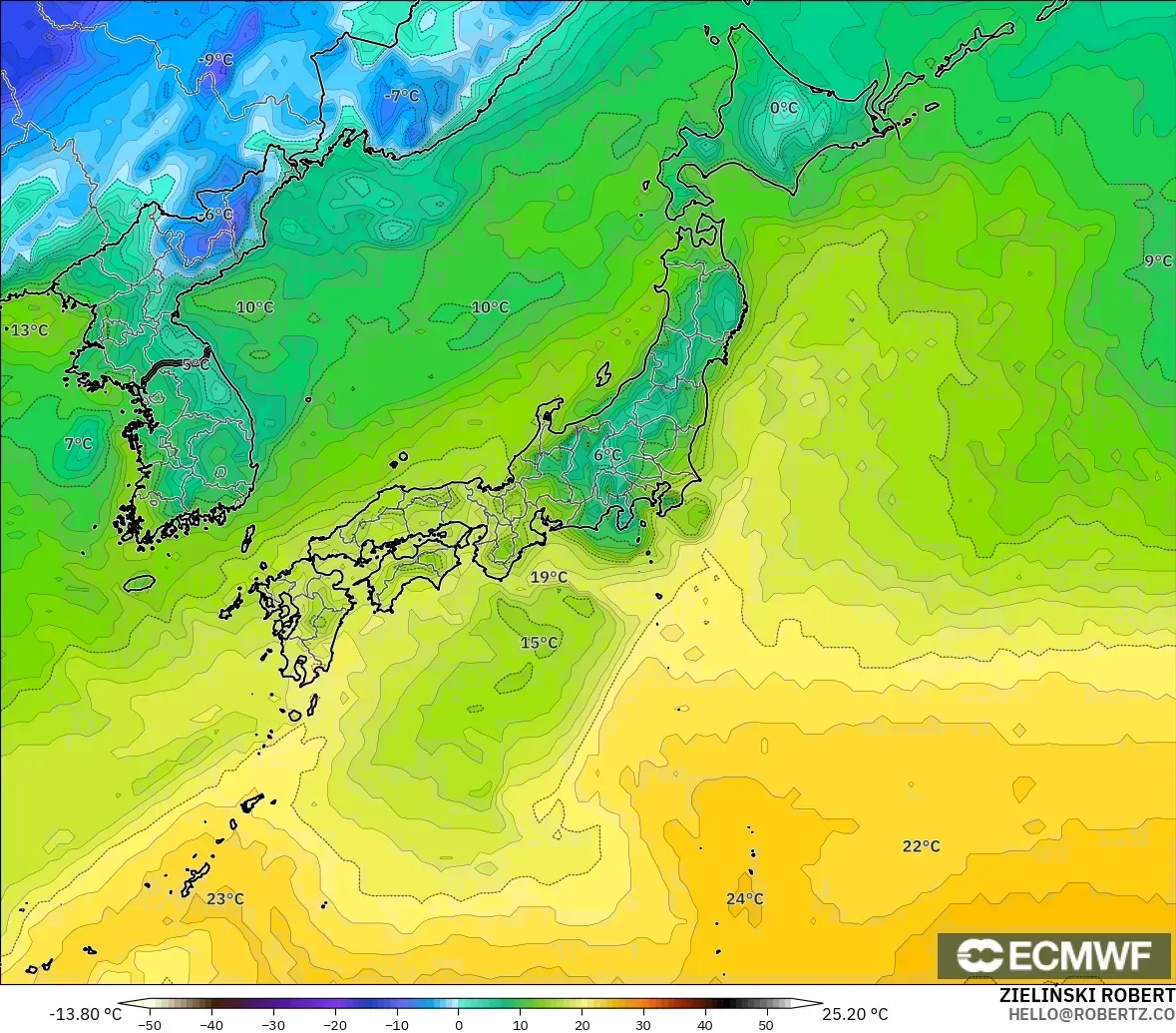 ECMWF IFS 0.25° model - Japonya, 2 m Çiy Noktası