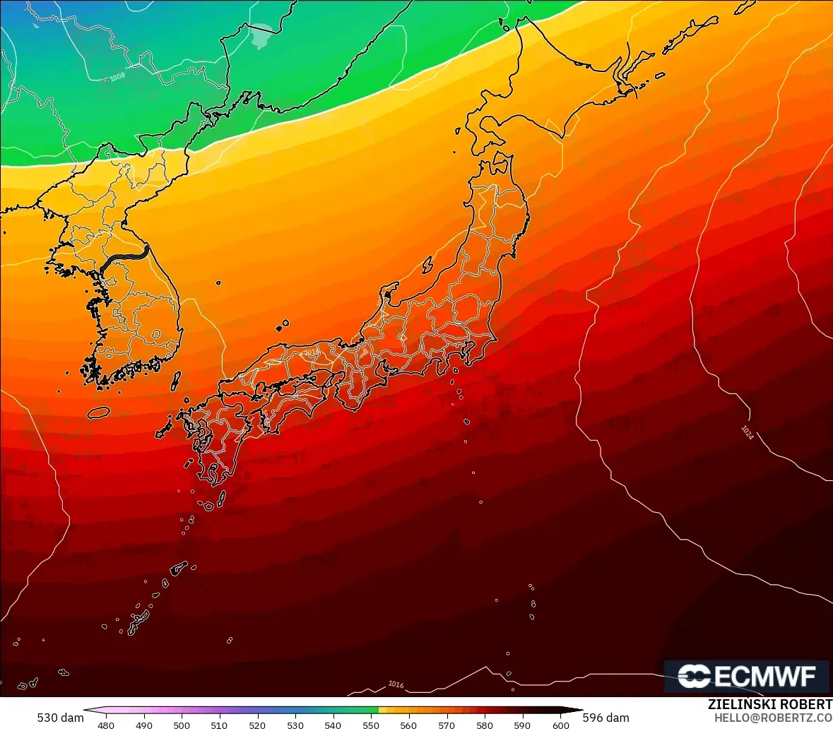 ECMWF IFS 0.25° model - Japonya, 500 hPa’da jeopotansiyel yükseklik