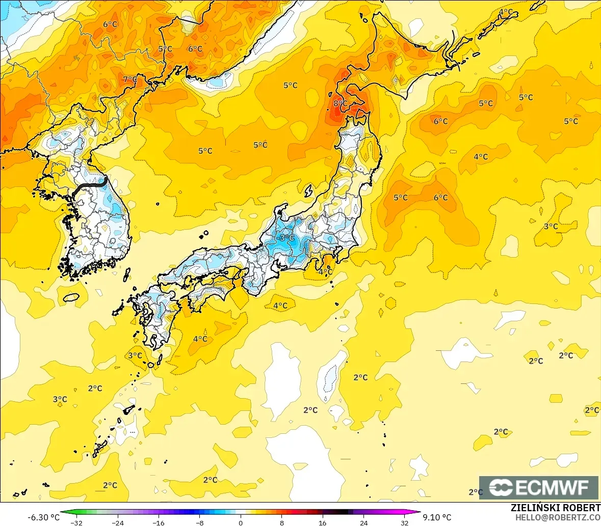 ECMWF IFS 0.25° model - Japonya, 2 m Sıcaklık Anomalisi