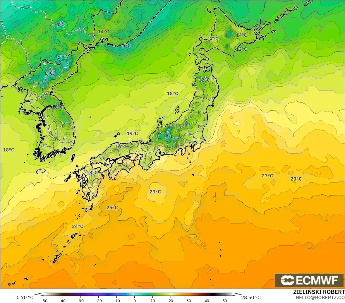 ECMWF IFS 0.25° model - Japonya, 2 m Sıcaklık
