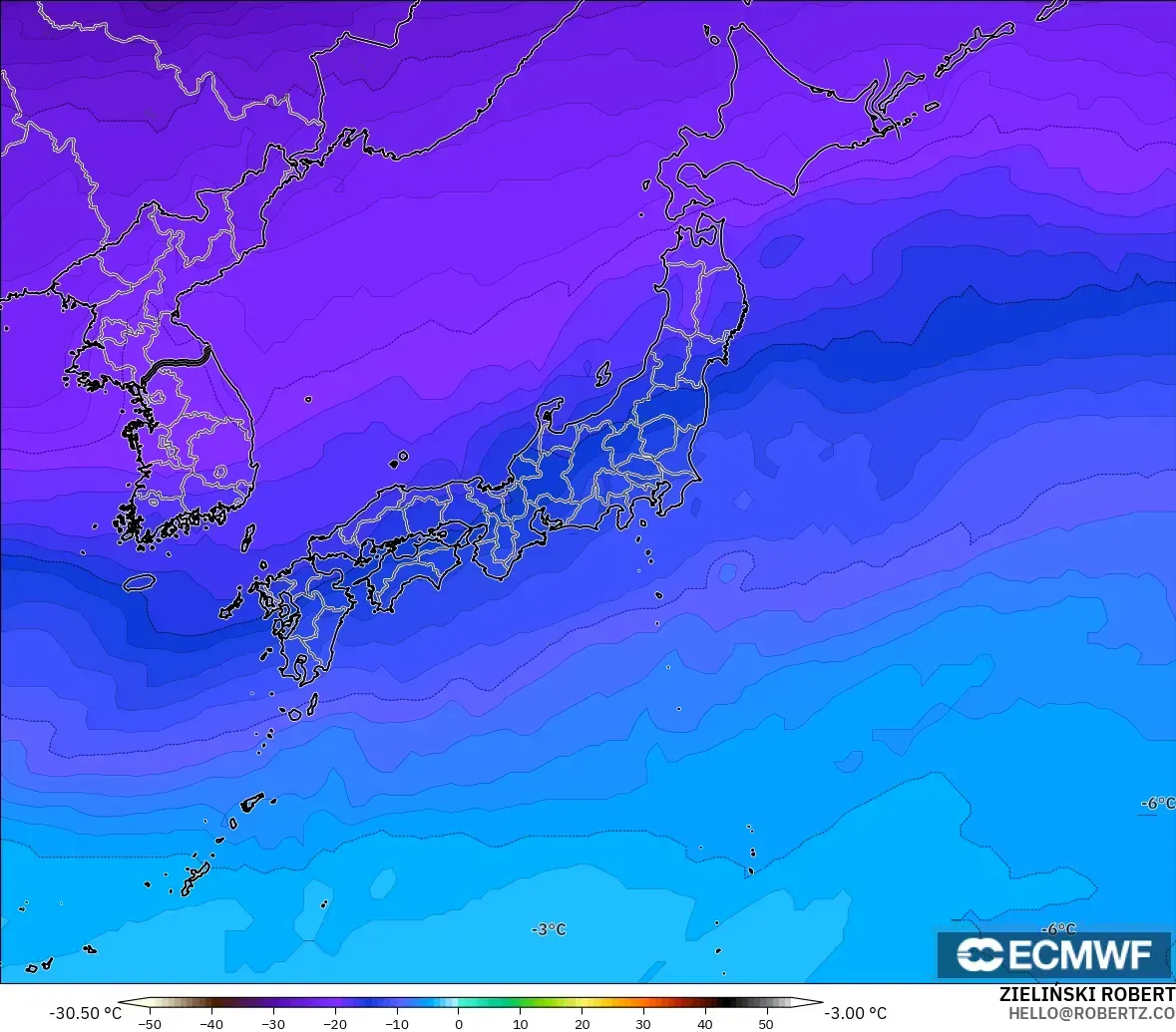 ECMWF IFS 0.25° model - Japonya, 500 hPa Sıcaklık