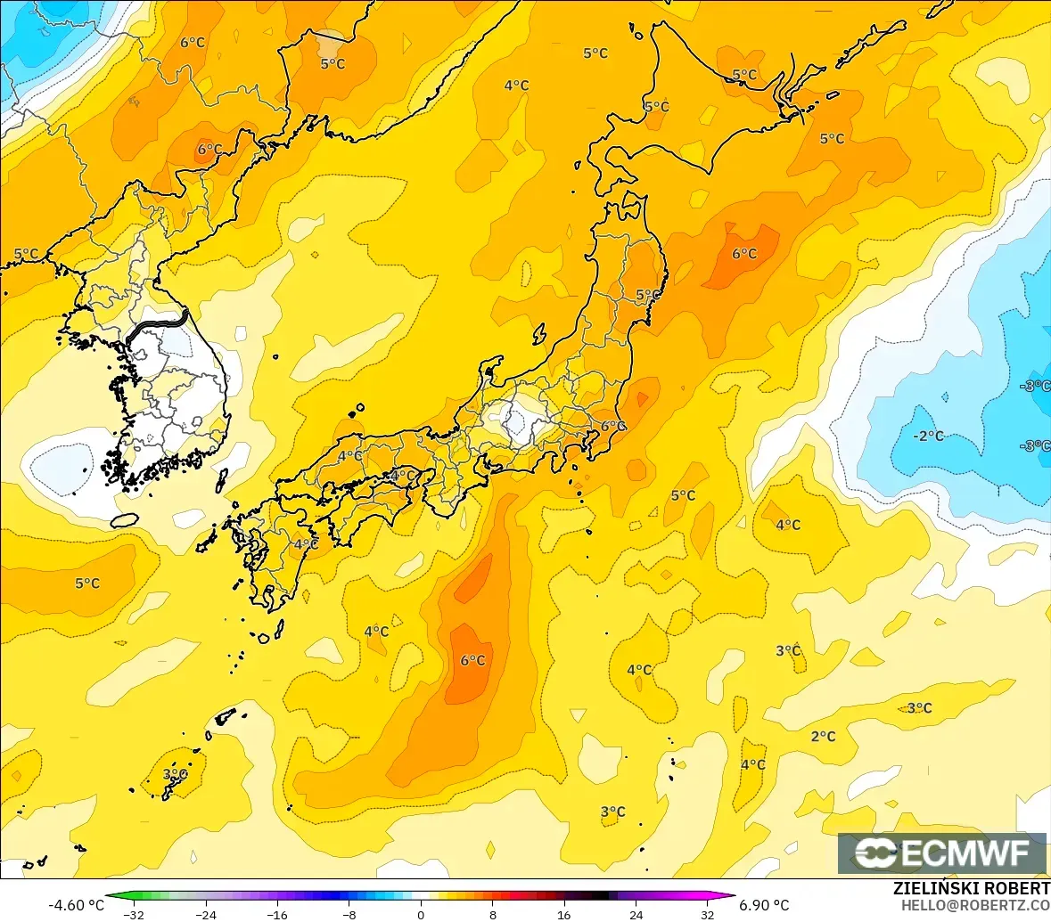 ECMWF IFS 0.25° model - Japonya, 850 hPa Sıcaklık Anomalisi