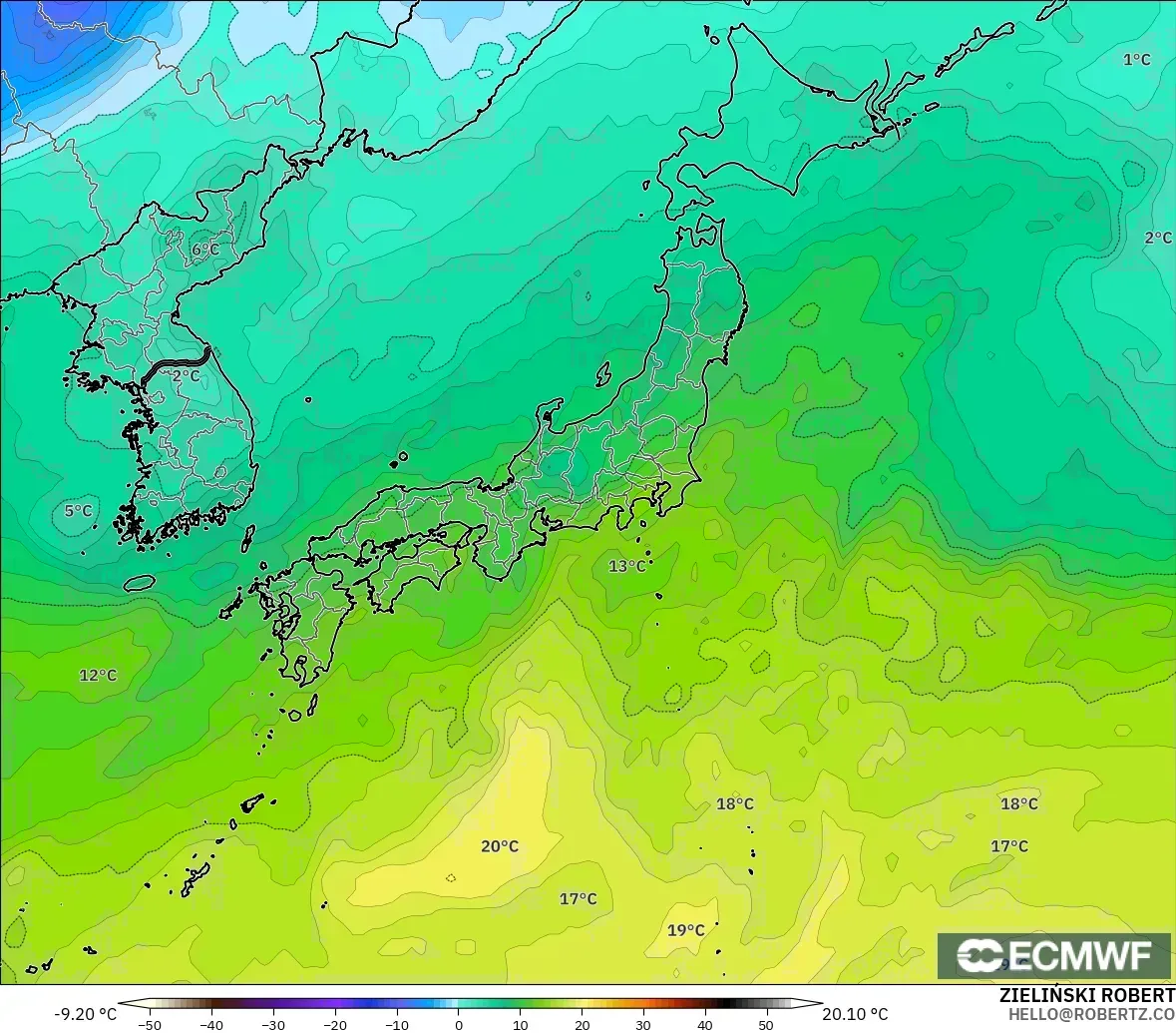 ECMWF IFS 0.25° model - Japonya, 850 hPa Sıcaklık
