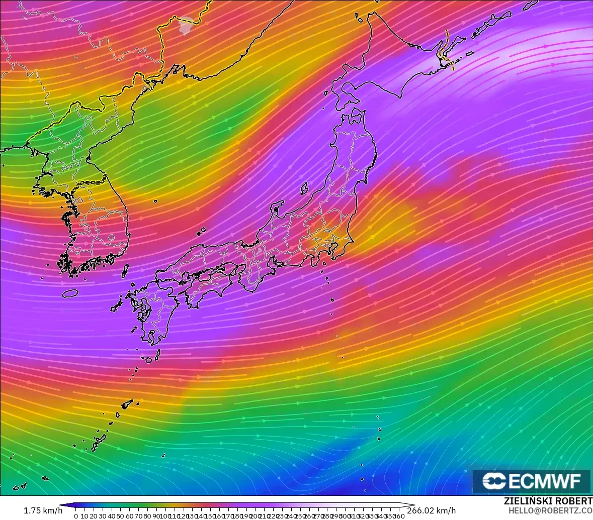 ECMWF IFS 0.25° model - Japonya, 300 hPa Rüzgârı (jet)