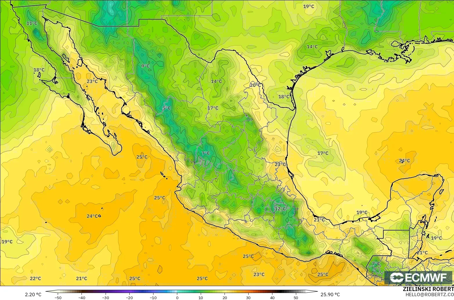 ECMWF IFS 0.25° model - Meksika, 2 m Çiy Noktası