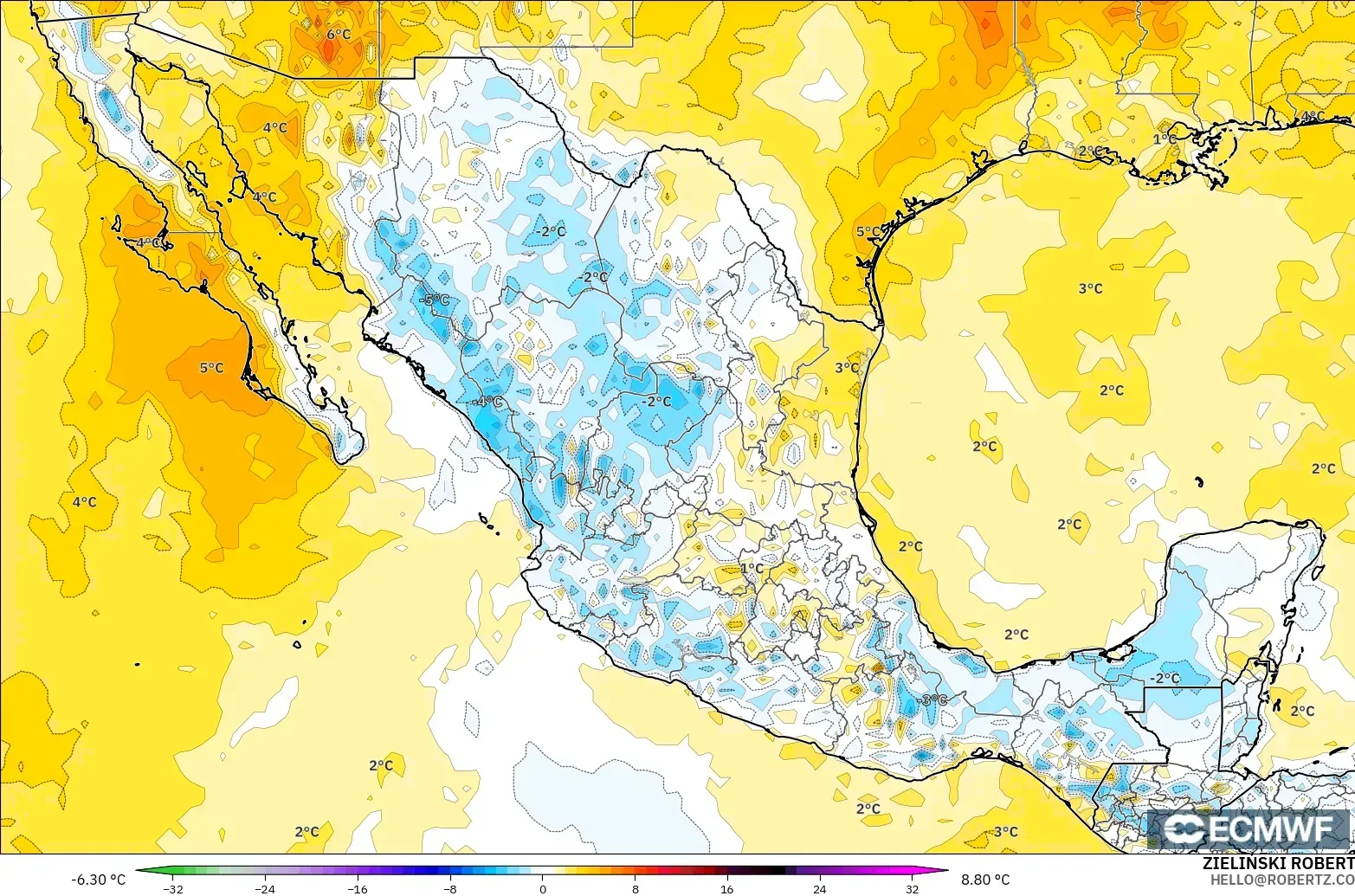 ECMWF IFS 0.25° model - Meksika, 2 m Sıcaklık Anomalisi