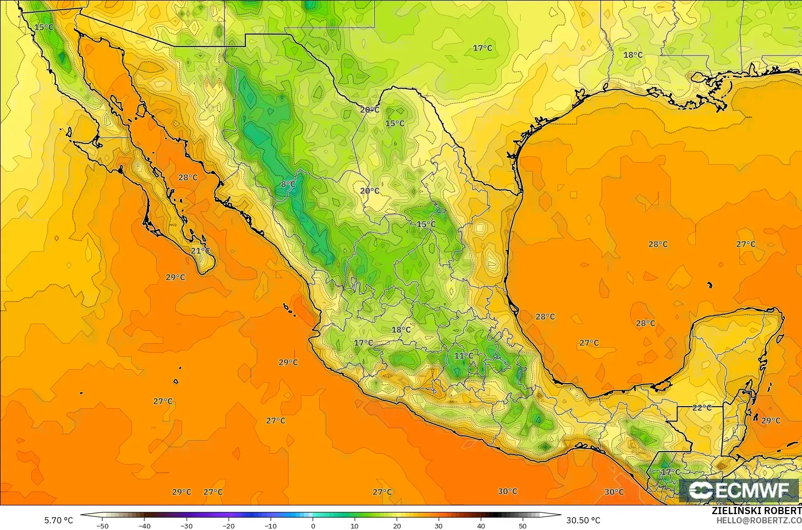ECMWF IFS 0.25° model - Meksika, 2 m Sıcaklık