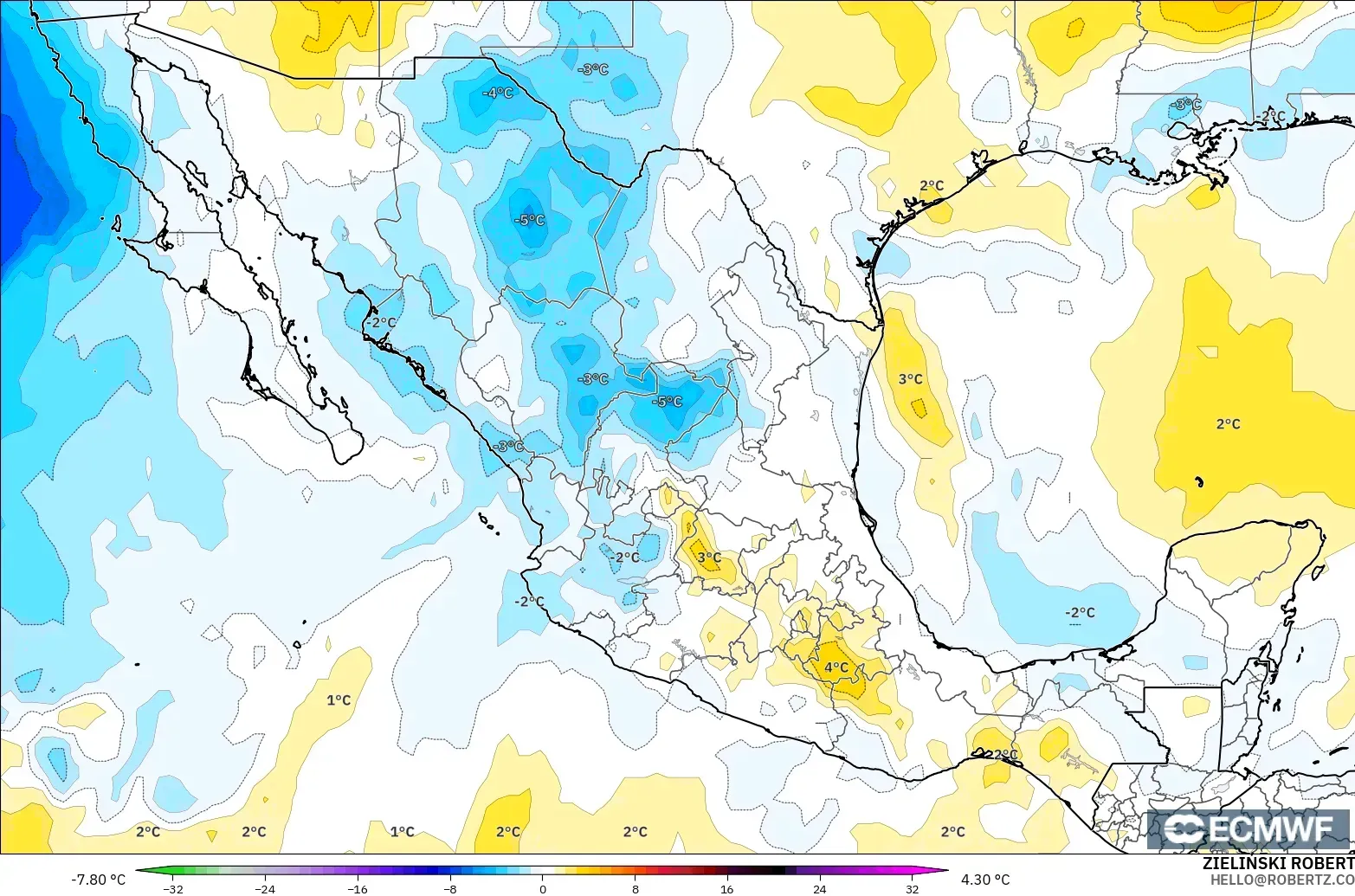ECMWF IFS 0.25° model - Meksika, 850 hPa Sıcaklık Anomalisi
