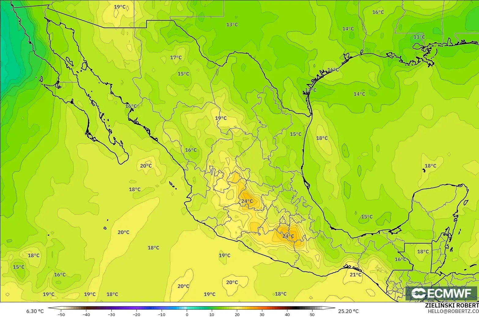 ECMWF IFS 0.25° model - Meksika, 850 hPa Sıcaklık