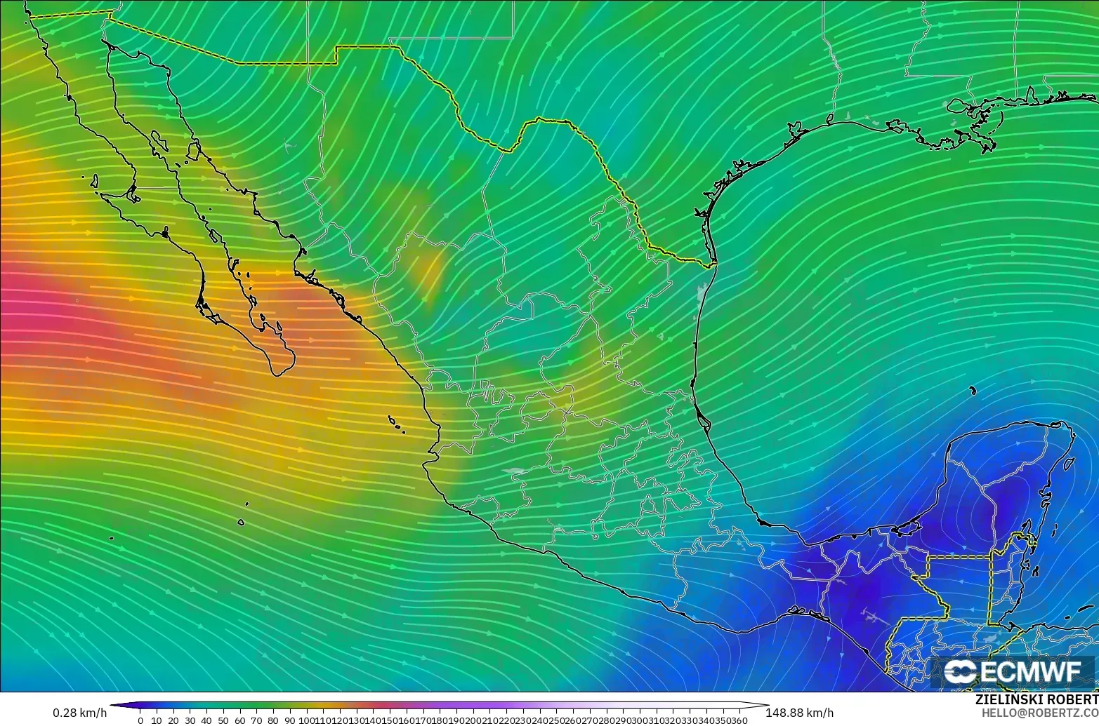 ECMWF IFS 0.25° model - Meksika, 300 hPa Rüzgârı (jet)
