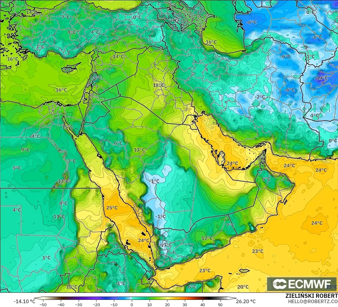 ECMWF IFS 0.25° model - Orta Doğu, 2 m Çiy Noktası