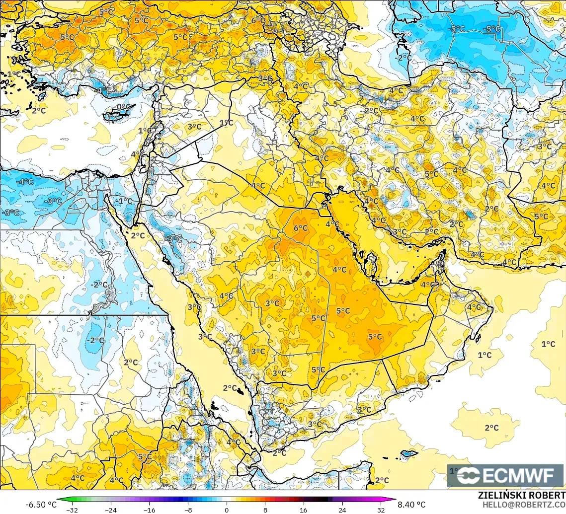 ECMWF IFS 0.25° model - Orta Doğu, 2 m Sıcaklık Anomalisi