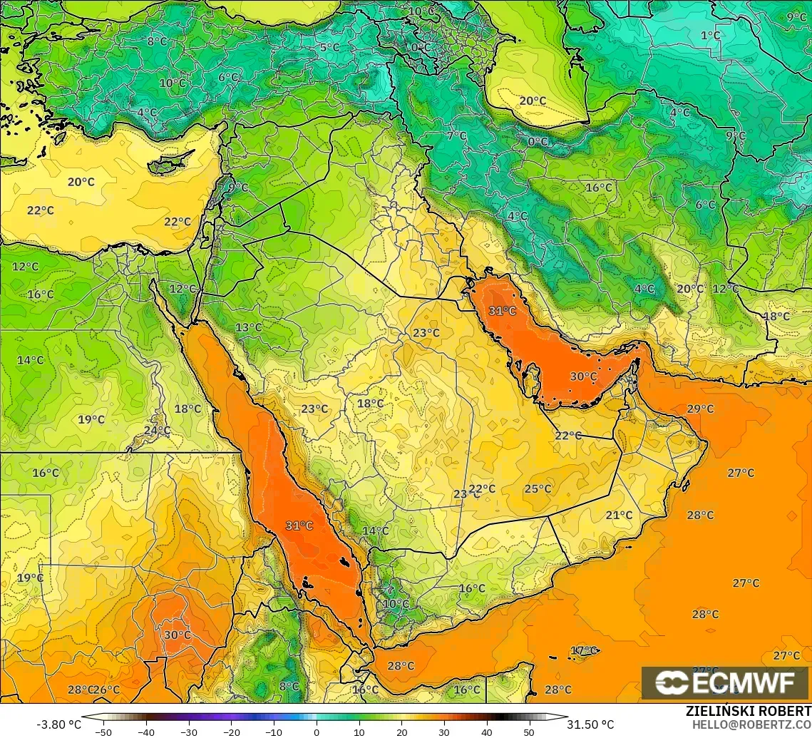 ECMWF IFS 0.25° model - Orta Doğu, 2 m Sıcaklık