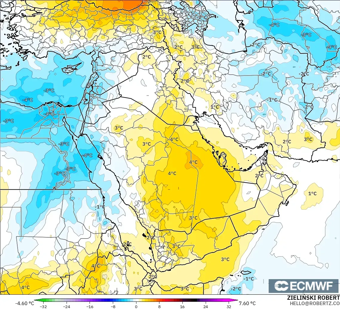 ECMWF IFS 0.25° model - Orta Doğu, 850 hPa Sıcaklık Anomalisi