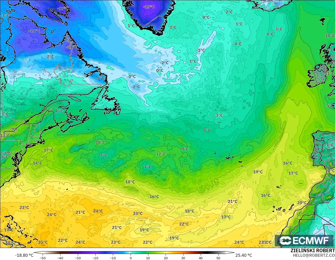 ECMWF IFS 0.25° model - Kuzey Atlantik, 2 m Çiy Noktası