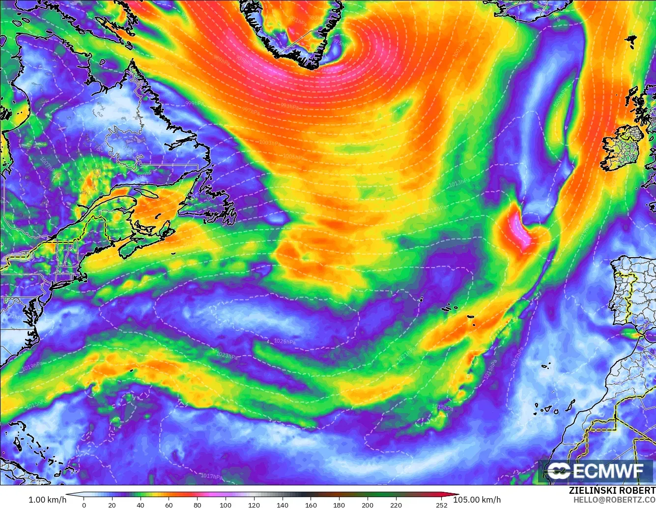 ECMWF IFS 0.25° model - Kuzey Atlantik, Rüzgâr Esintileri