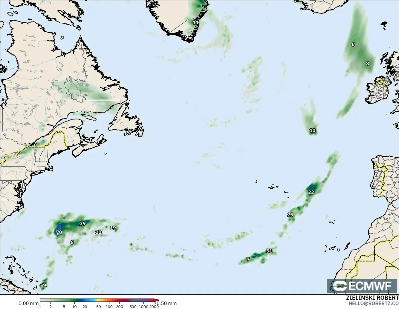 ECMWF IFS 0.25° model - Kuzey Atlantik, Yağış Birikimi