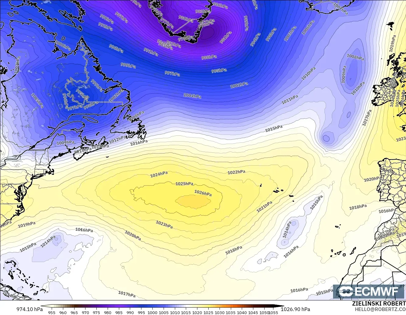 ECMWF IFS 0.25° model - Kuzey Atlantik, Basınç