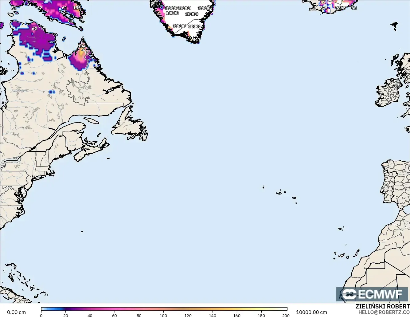 ECMWF IFS 0.25° model - Kuzey Atlantik, Kar Kalınlığı