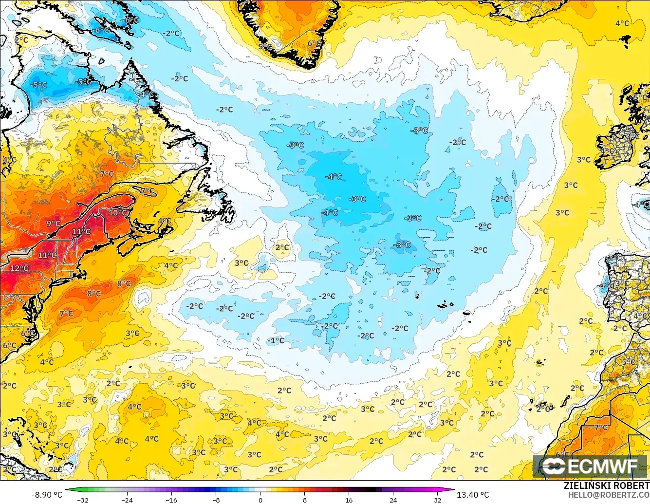ECMWF IFS 0.25° model - Kuzey Atlantik, 2 m Sıcaklık Anomalisi