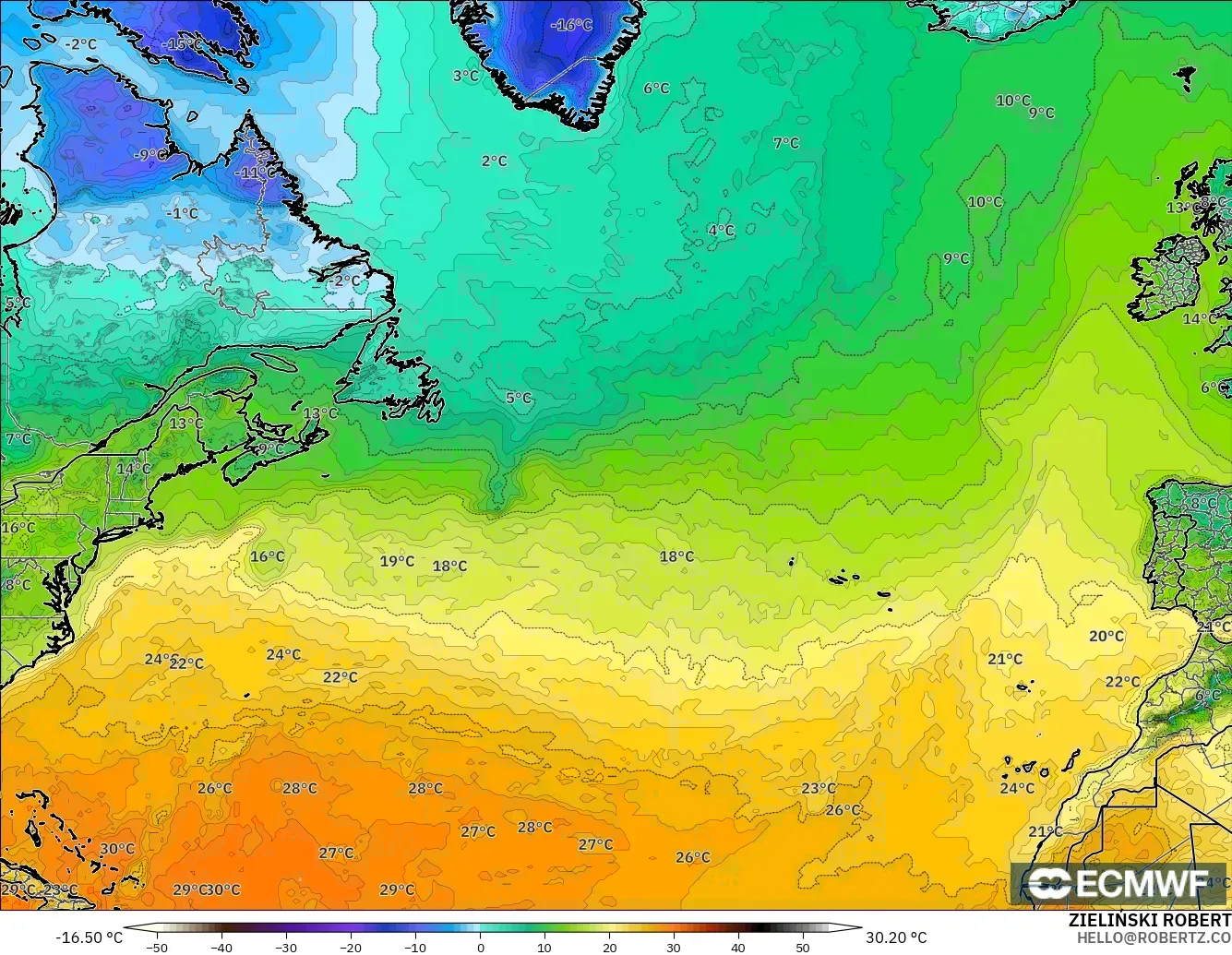 ECMWF IFS 0.25° model - Kuzey Atlantik, 2 m Sıcaklık
