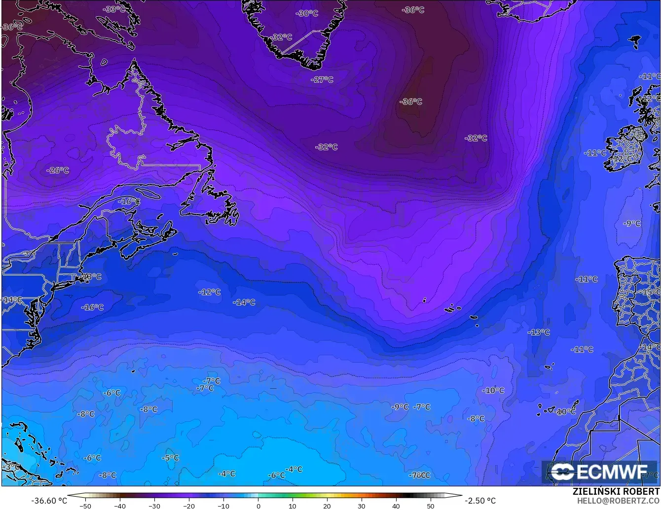 ECMWF IFS 0.25° model - Kuzey Atlantik, 500 hPa Sıcaklık
