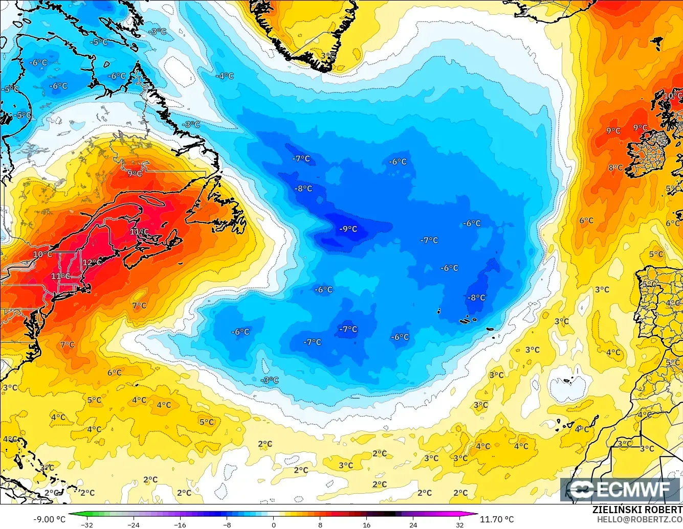 ECMWF IFS 0.25° model - Kuzey Atlantik, 850 hPa Sıcaklık Anomalisi