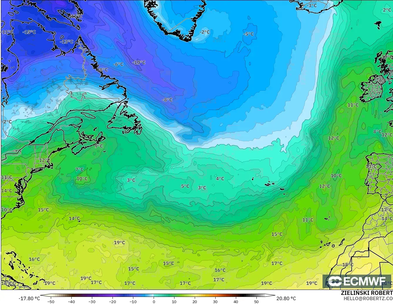 ECMWF IFS 0.25° model - Kuzey Atlantik, 850 hPa Sıcaklık