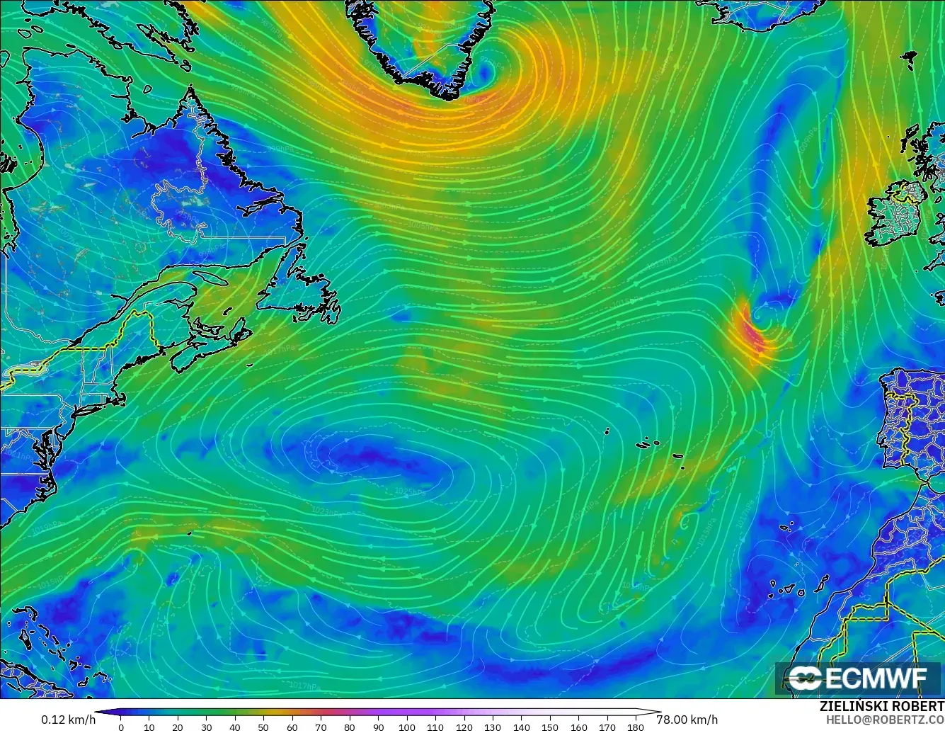 ECMWF IFS 0.25° model - Kuzey Atlantik, 10 m Rüzgâr