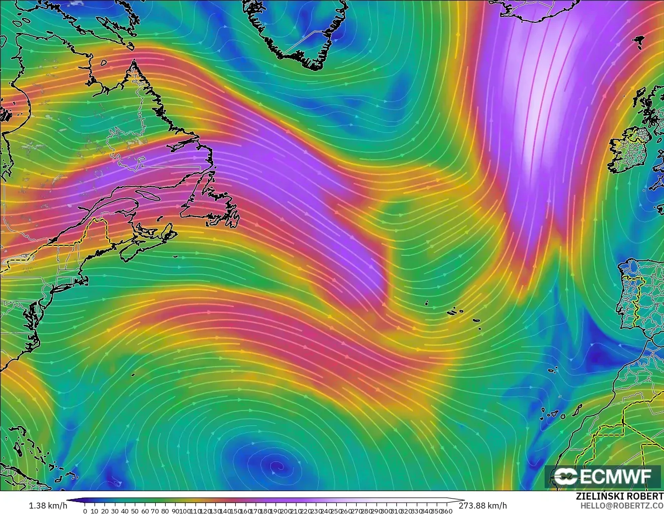 ECMWF IFS 0.25° model - Kuzey Atlantik, 300 hPa Rüzgârı (jet)