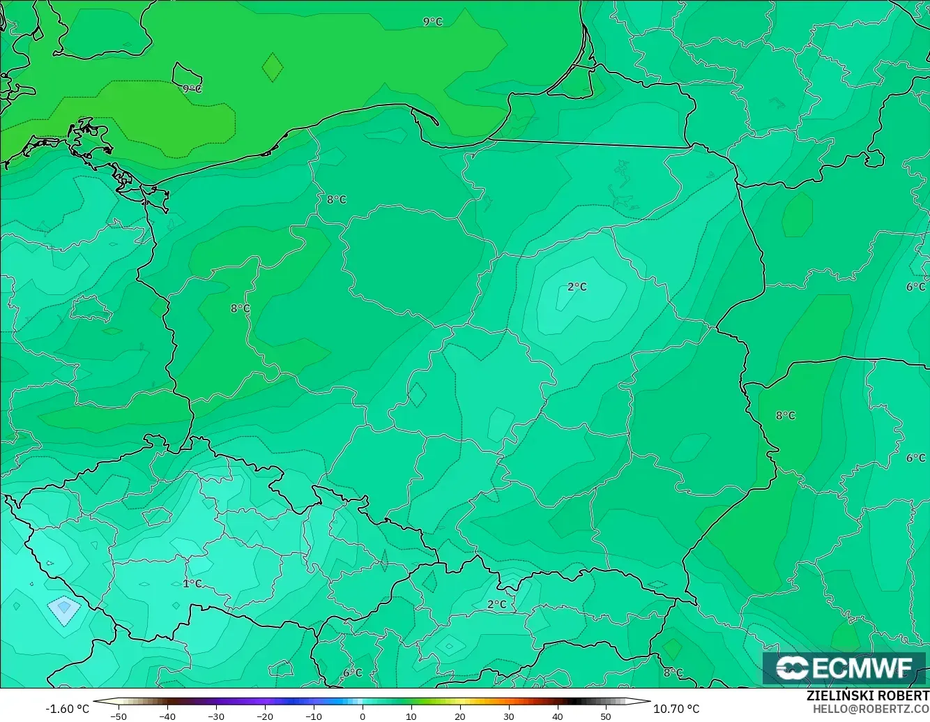 ECMWF IFS 0.25° model - Polonya, 2 m Çiy Noktası