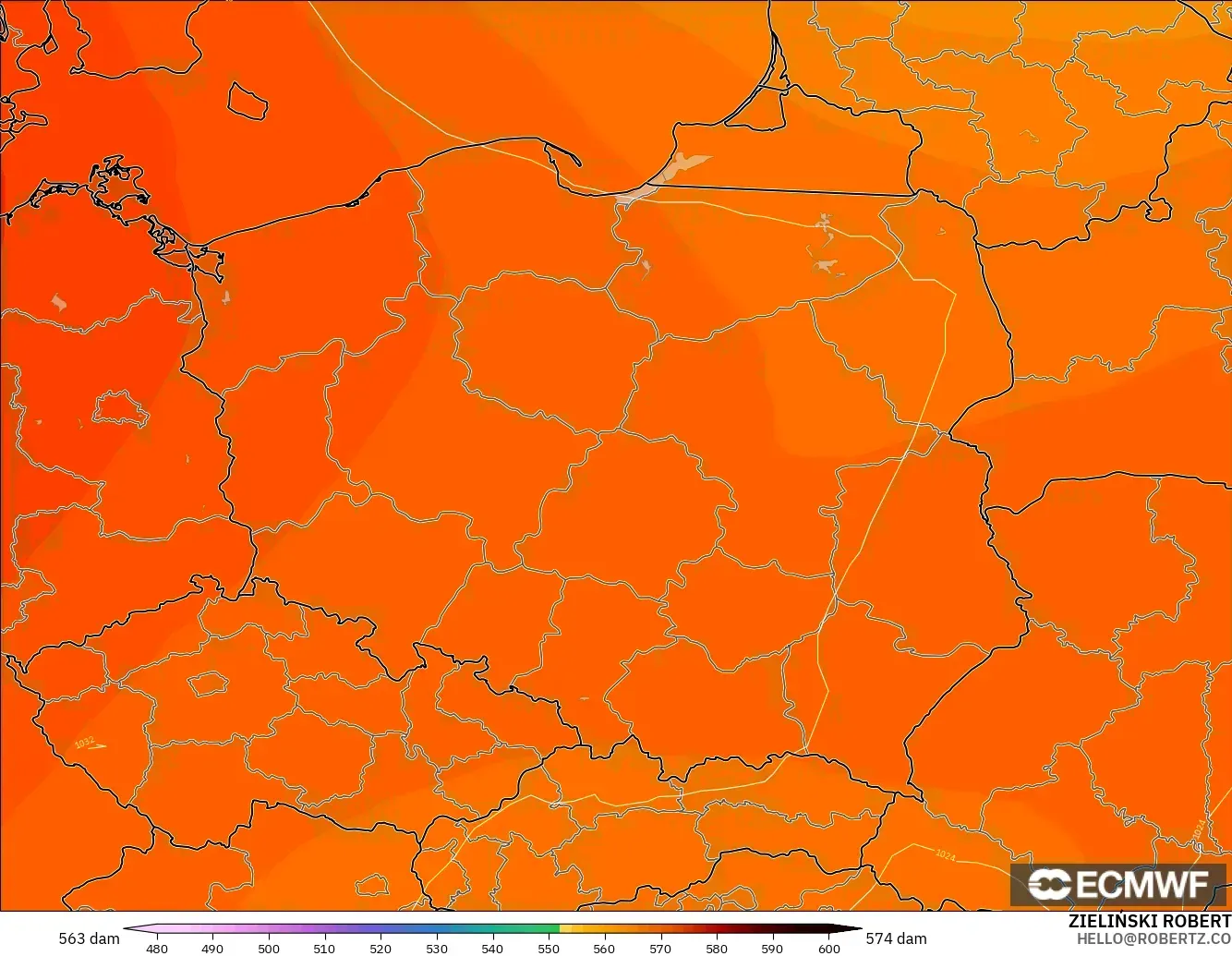 ECMWF IFS 0.25° model - Polonya, 500 hPa’da jeopotansiyel yükseklik