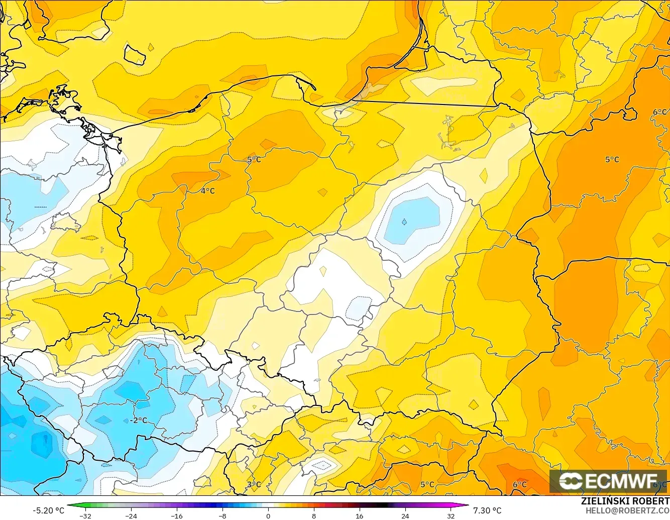 ECMWF IFS 0.25° model - Polonya, 2 m Sıcaklık Anomalisi
