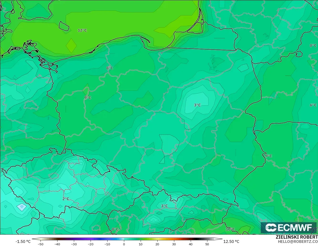 ECMWF IFS 0.25° model - Polonya, 2 m Sıcaklık