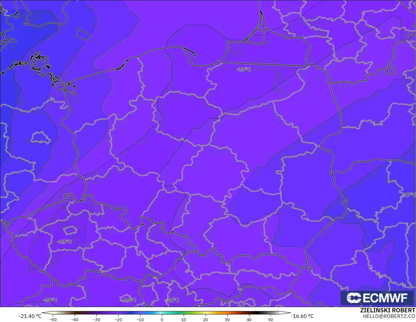 ECMWF IFS 0.25° model - Polonya, 500 hPa Sıcaklık