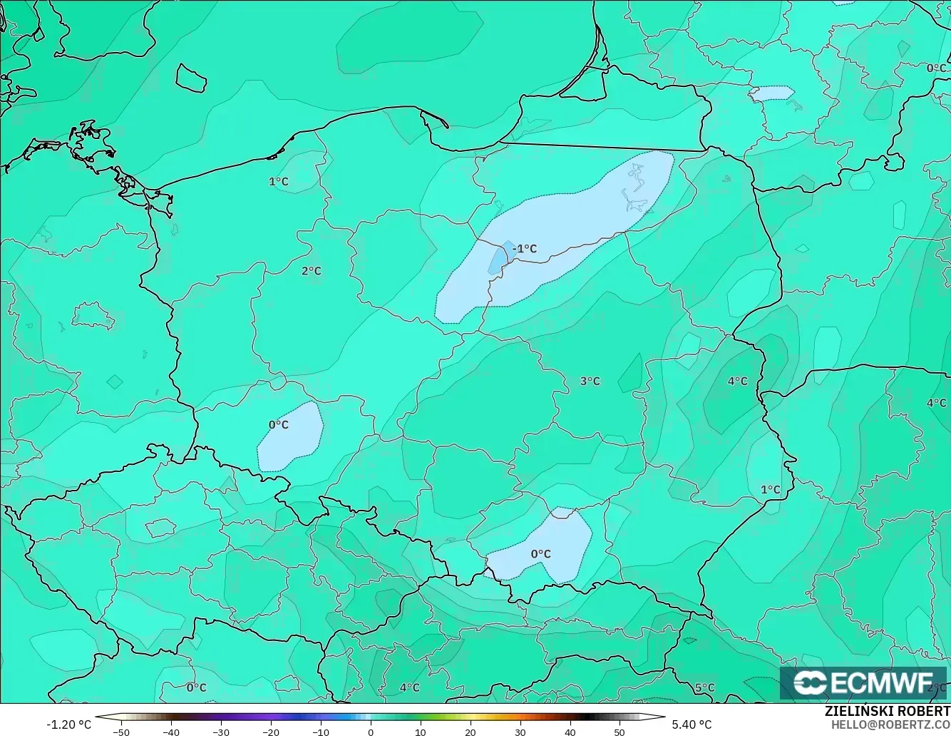 ECMWF IFS 0.25° model - Polonya, 850 hPa Sıcaklık