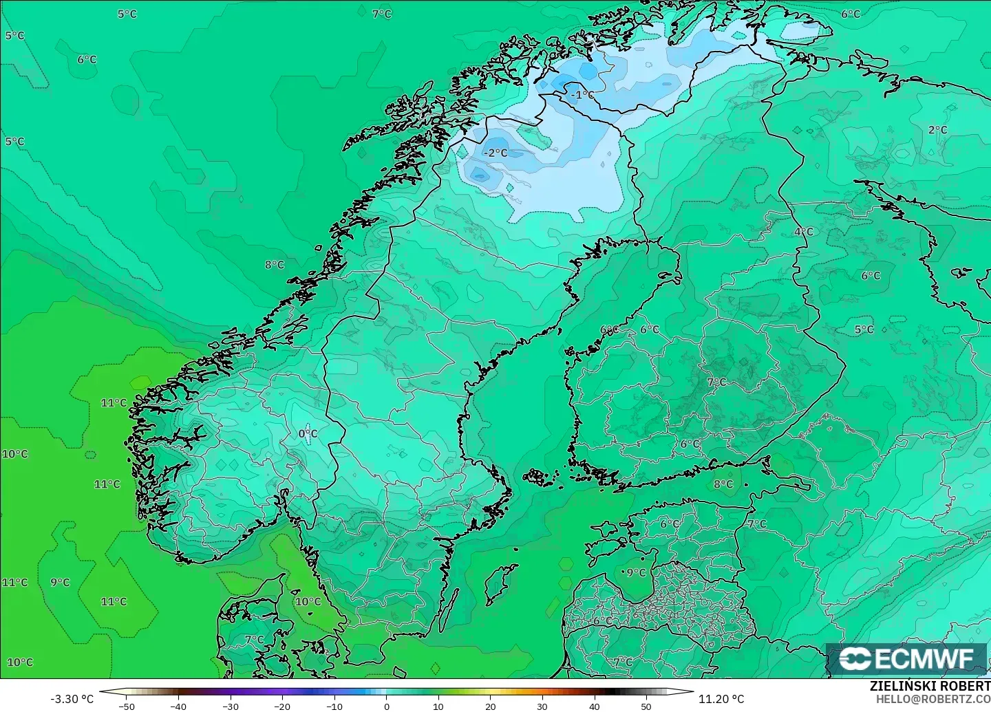 ECMWF IFS 0.25° model - İskandinavya, 2 m Çiy Noktası