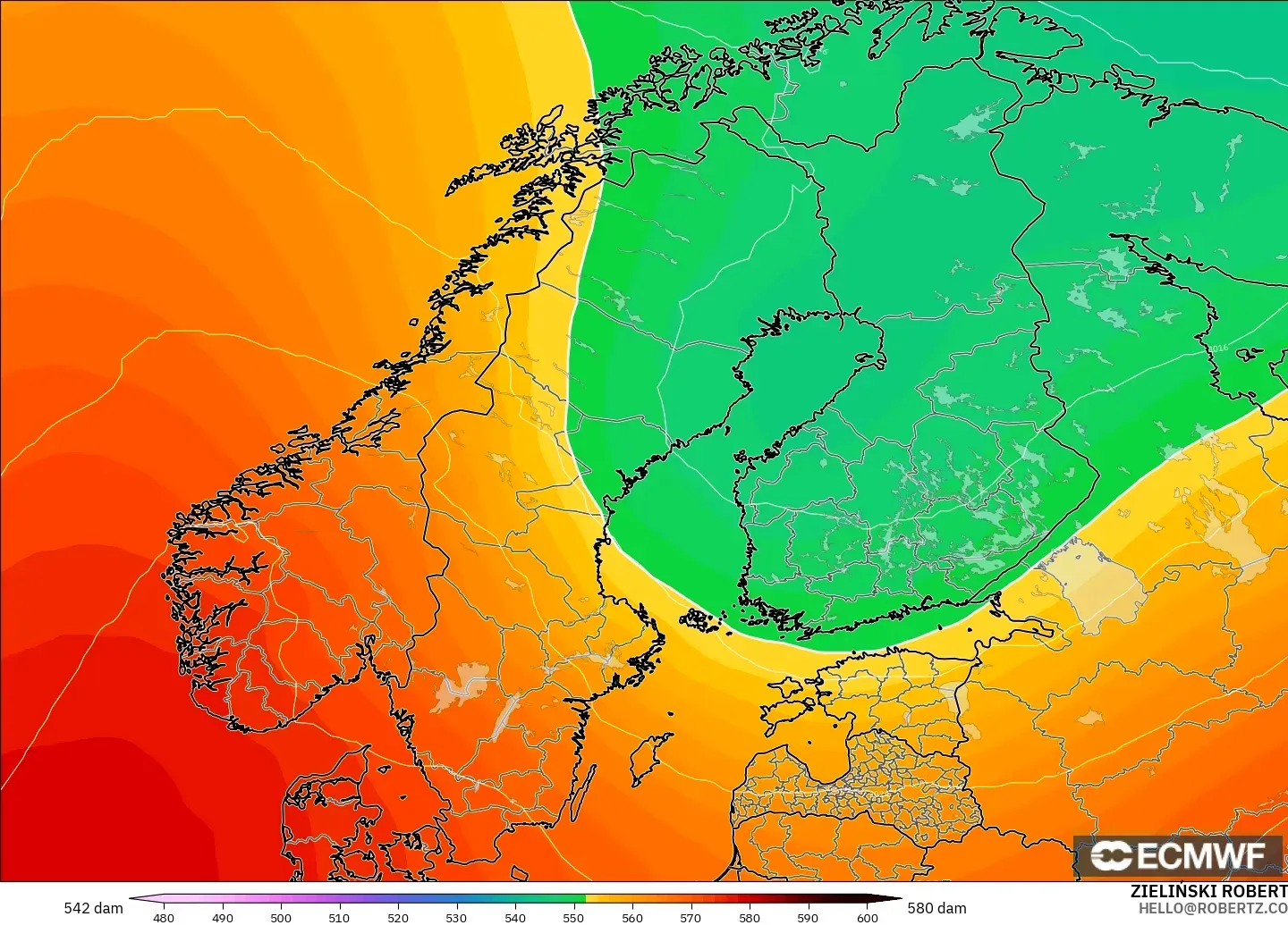 ECMWF IFS 0.25° model - İskandinavya, 500 hPa’da jeopotansiyel yükseklik