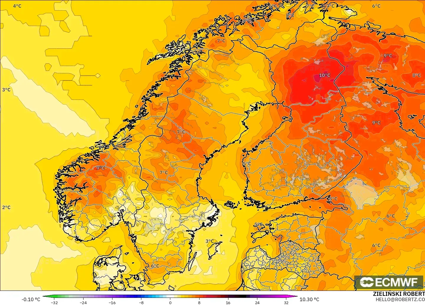 ECMWF IFS 0.25° model - İskandinavya, 2 m Sıcaklık Anomalisi