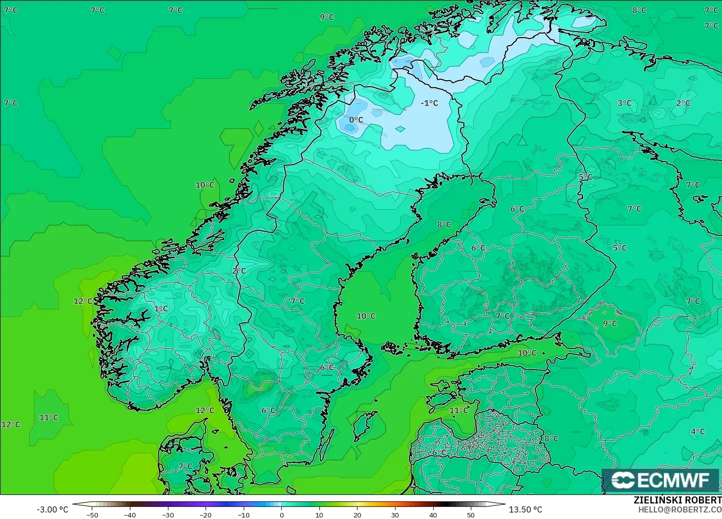 ECMWF IFS 0.25° model - İskandinavya, 2 m Sıcaklık