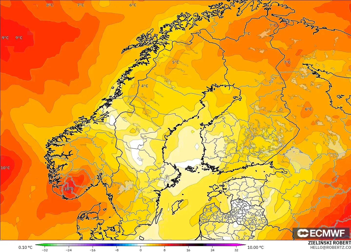 ECMWF IFS 0.25° model - İskandinavya, 850 hPa Sıcaklık Anomalisi