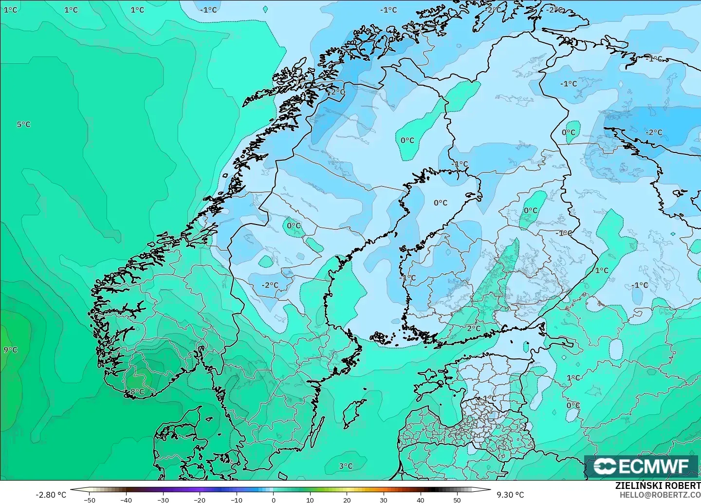 ECMWF IFS 0.25° model - İskandinavya, 850 hPa Sıcaklık