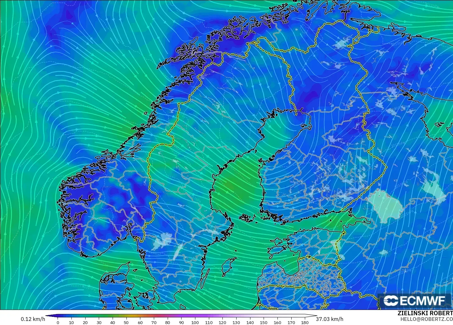 ECMWF IFS 0.25° model - İskandinavya, 10 m Rüzgâr