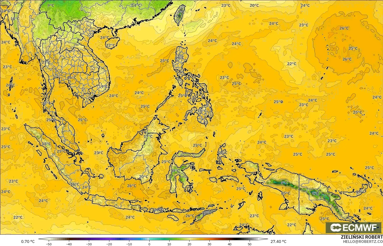 ECMWF IFS 0.25° model - Güneydoğu Asya, 2 m Çiy Noktası
