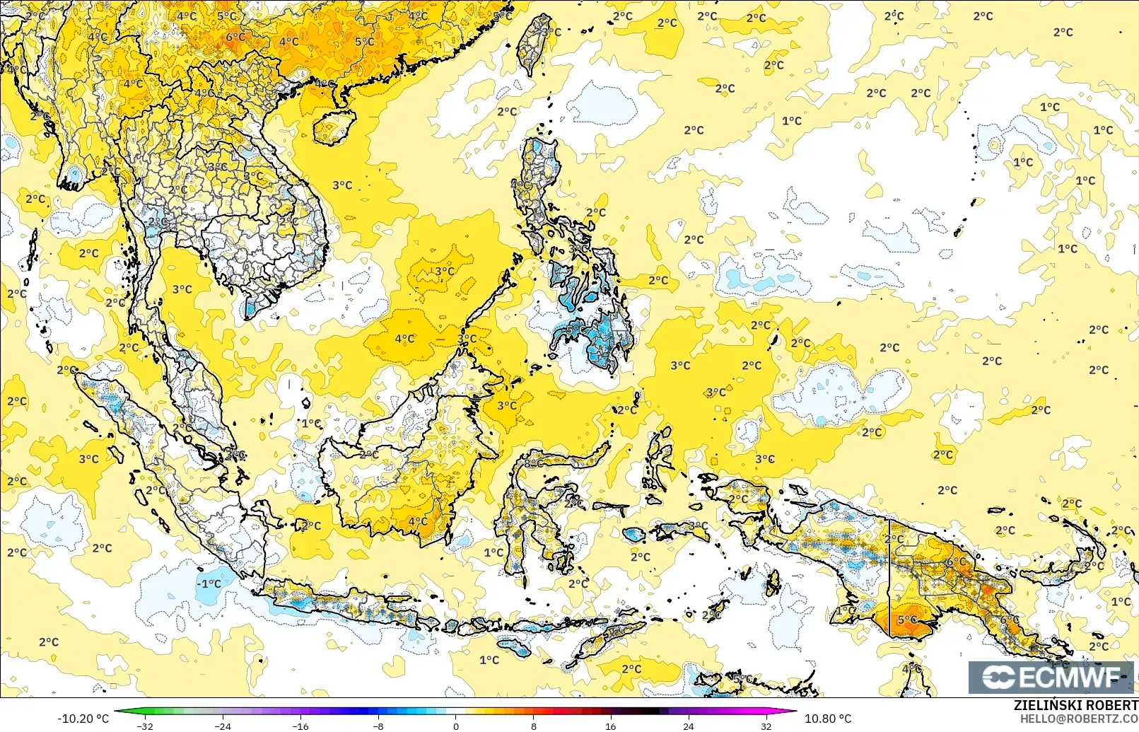 ECMWF IFS 0.25° model - Güneydoğu Asya, 2 m Sıcaklık Anomalisi