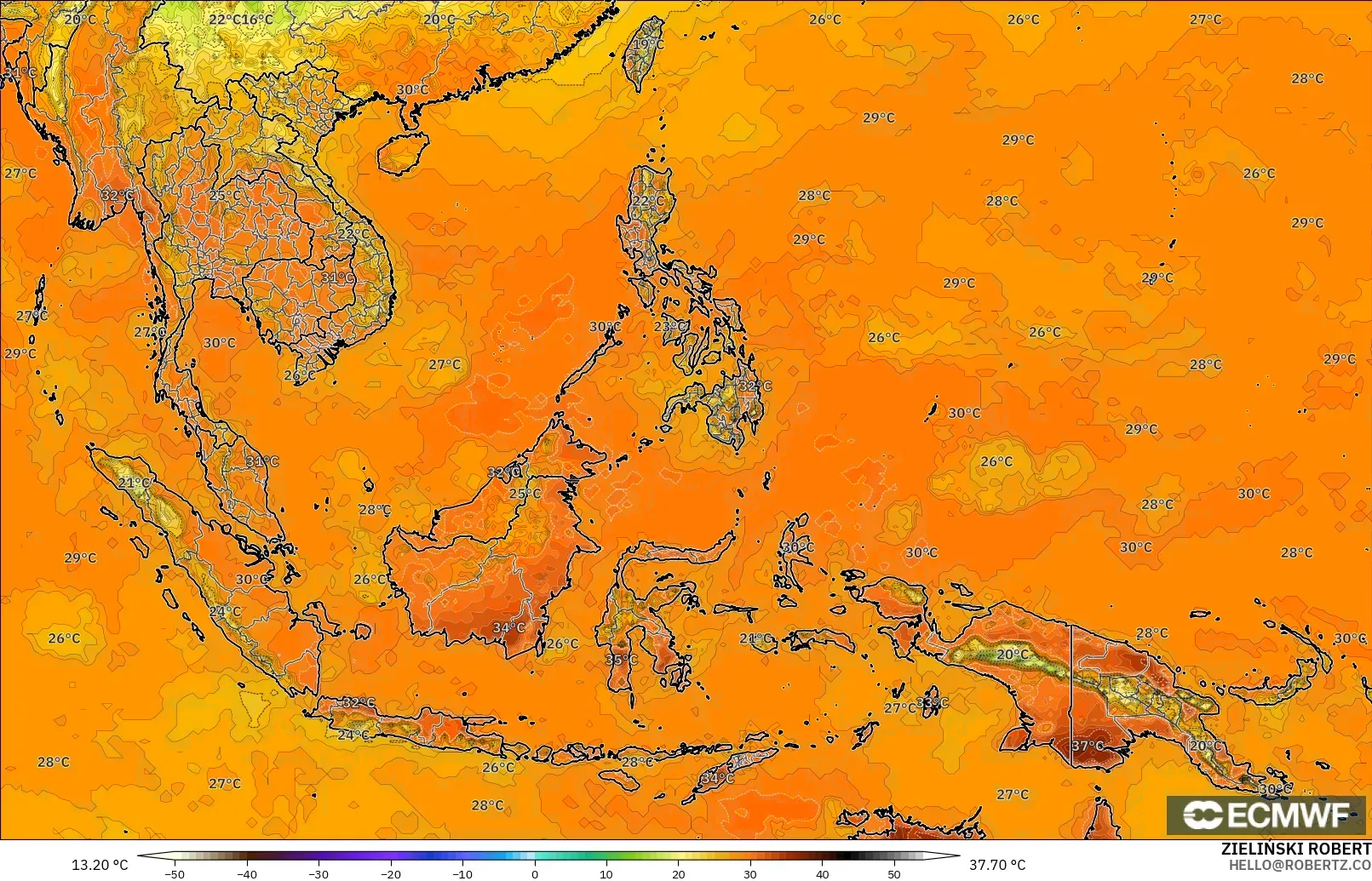 ECMWF IFS 0.25° model - Güneydoğu Asya, 2 m Sıcaklık