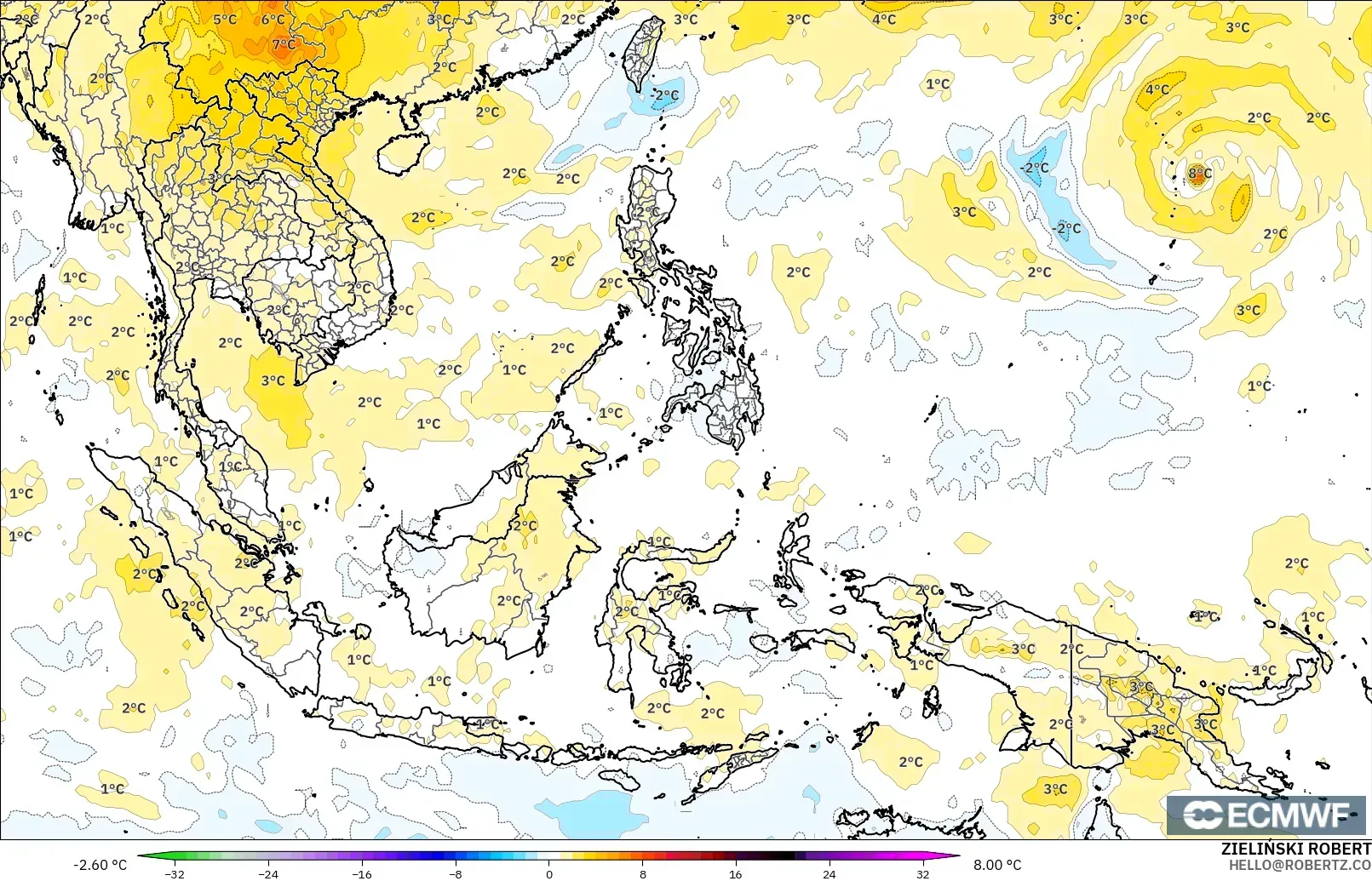 ECMWF IFS 0.25° model - Güneydoğu Asya, 850 hPa Sıcaklık Anomalisi