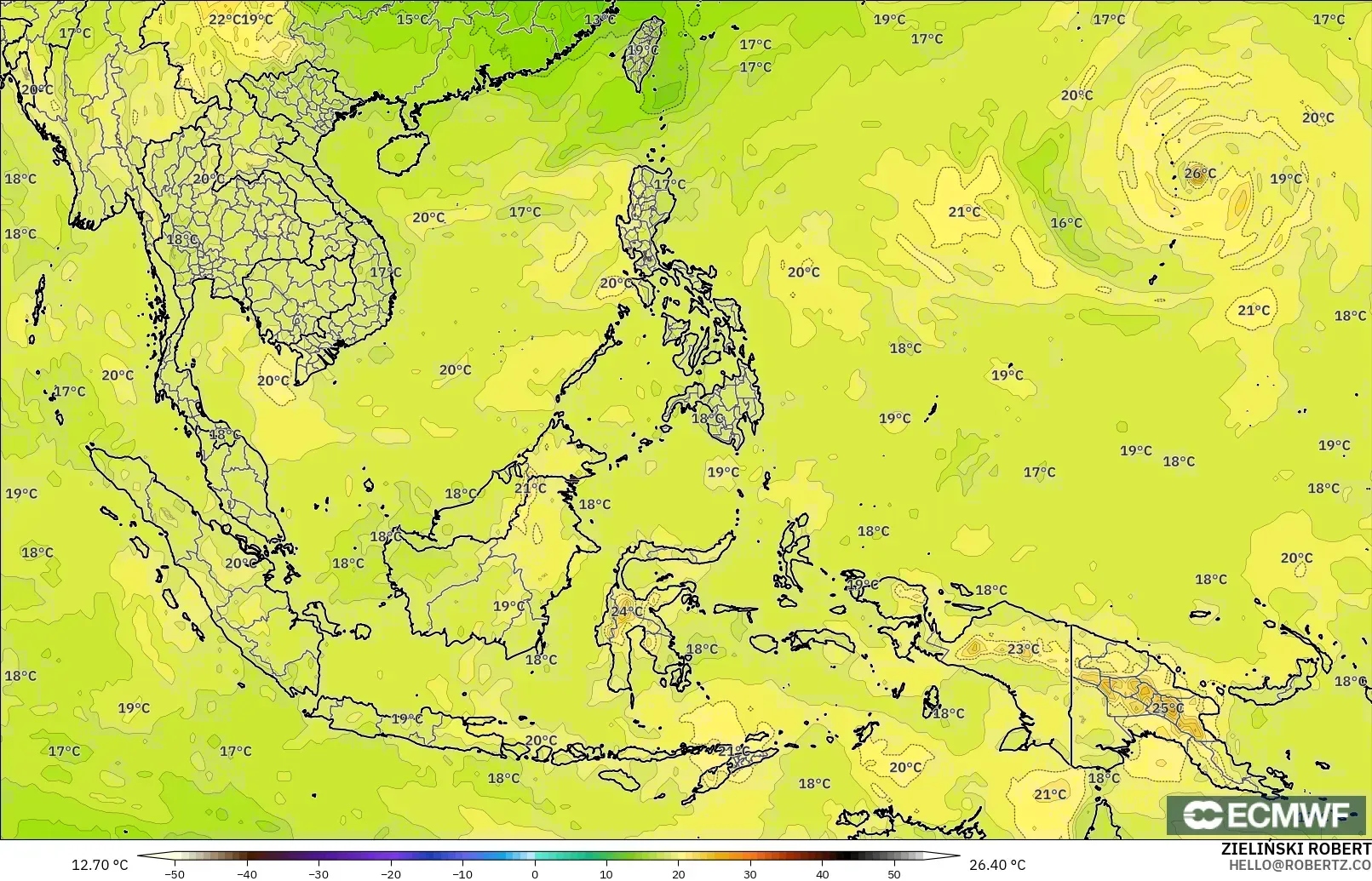 ECMWF IFS 0.25° model - Güneydoğu Asya, 850 hPa Sıcaklık